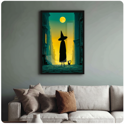 Framed witch cat moonlit city canvas above a neutral sofa with cushions against a muted wall.