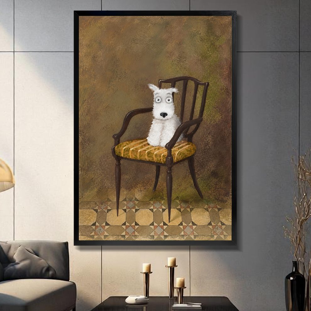 Black framed white terrier on chair canvas on a dark paneled wall beside warm candles.