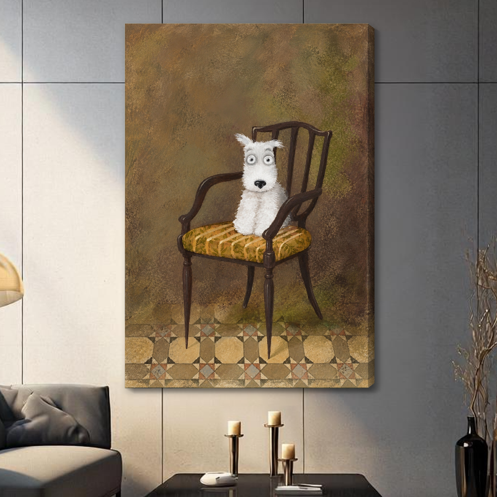 Stretched white terrier on chair canvas with a shaded wrapped edge in the selected room setting.