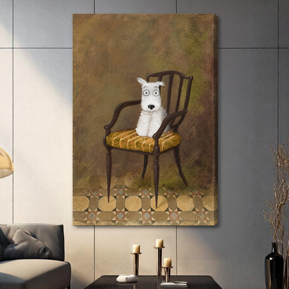 Stretched white terrier on chair canvas with a shaded wrapped edge in the selected room setting.