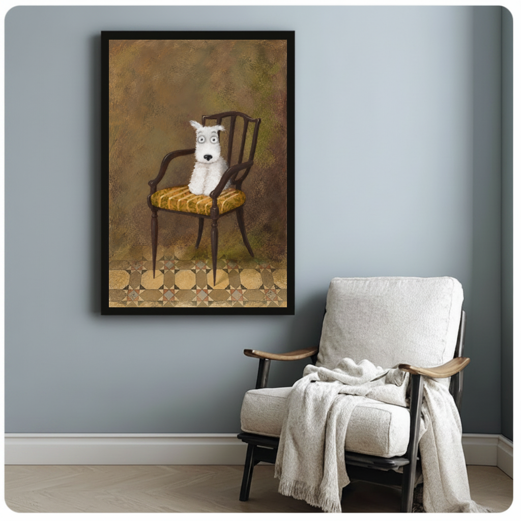 Framed white terrier on chair canvas beside a pale reading chair on a blue gray wall.