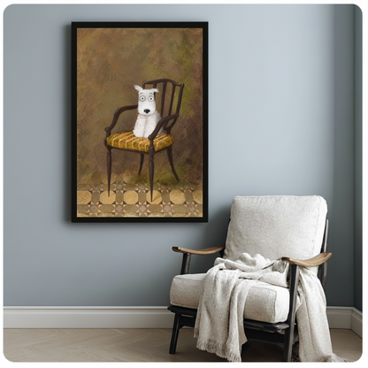Framed white terrier on chair canvas beside a pale reading chair on a blue gray wall.