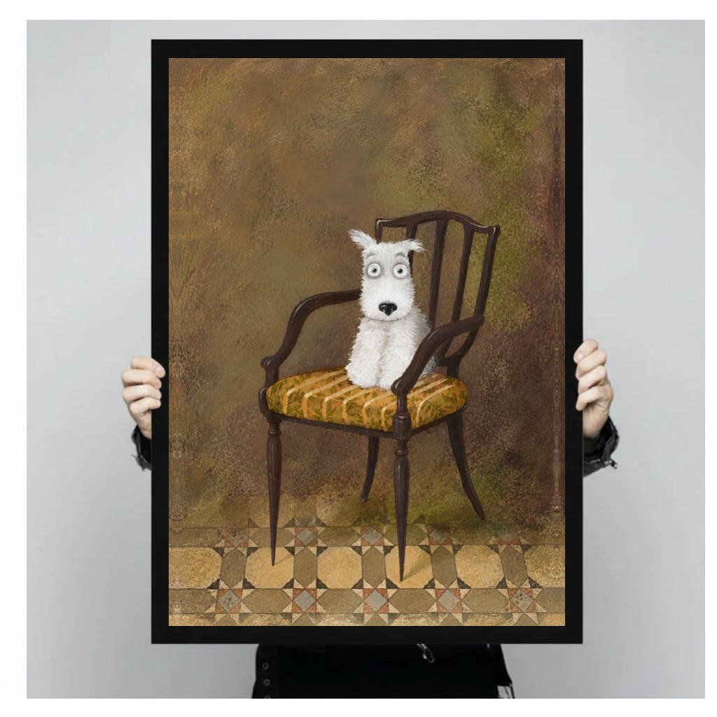 Framed white terrier on chair canvas held by a person against a light neutral background.