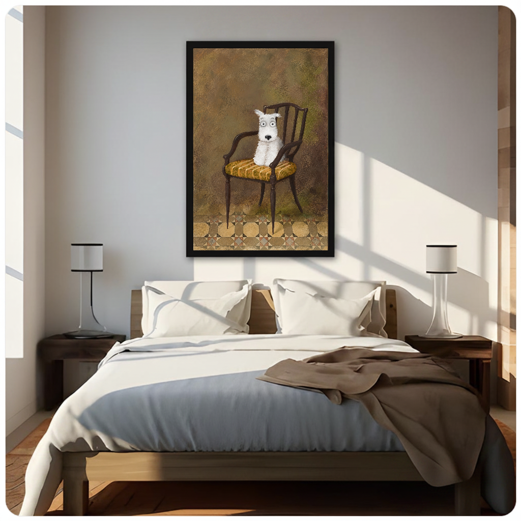 Framed white terrier on chair canvas above a neutral bed beside soft bedroom lighting and lamps.