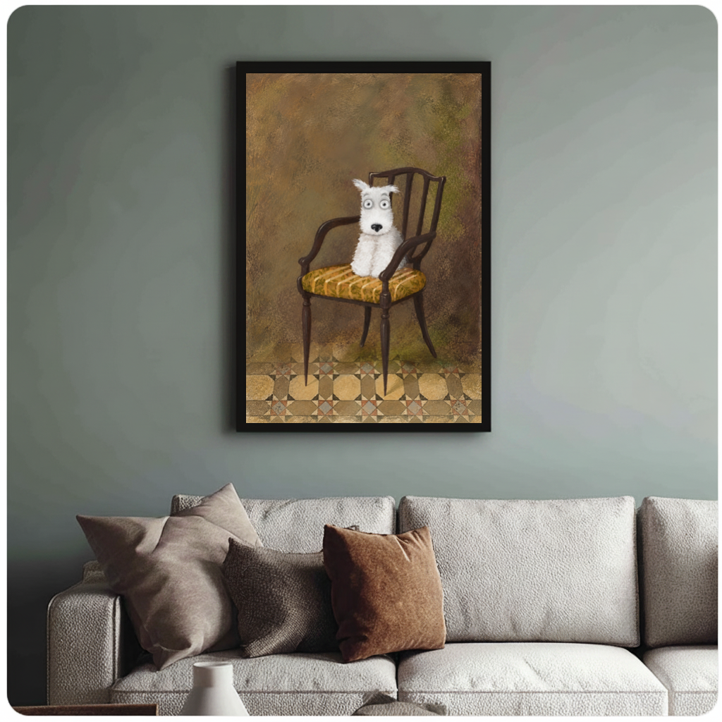 Framed white terrier on chair canvas above a neutral sofa with cushions against a muted wall.