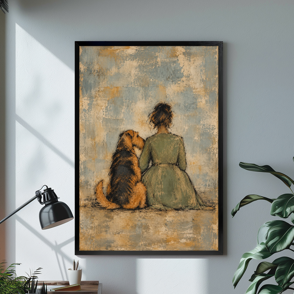 Black framed seated woman and dog canvas on a pale wall above a desk and plant.
