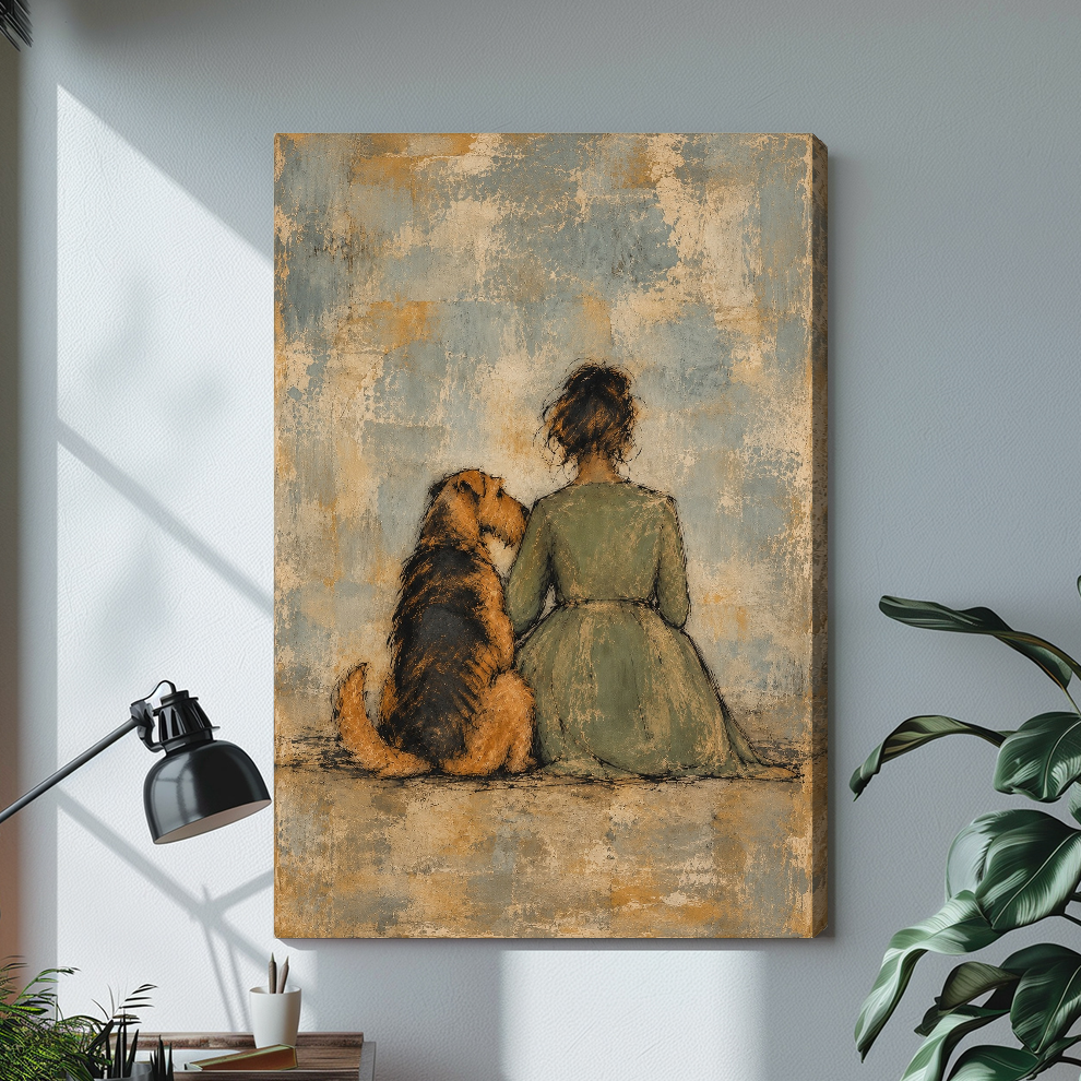 Stretched seated woman and dog canvas with a shaded wrapped edge in the selected room setting.