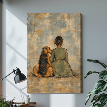 Stretched seated woman and dog canvas with a shaded wrapped edge in the selected room setting.