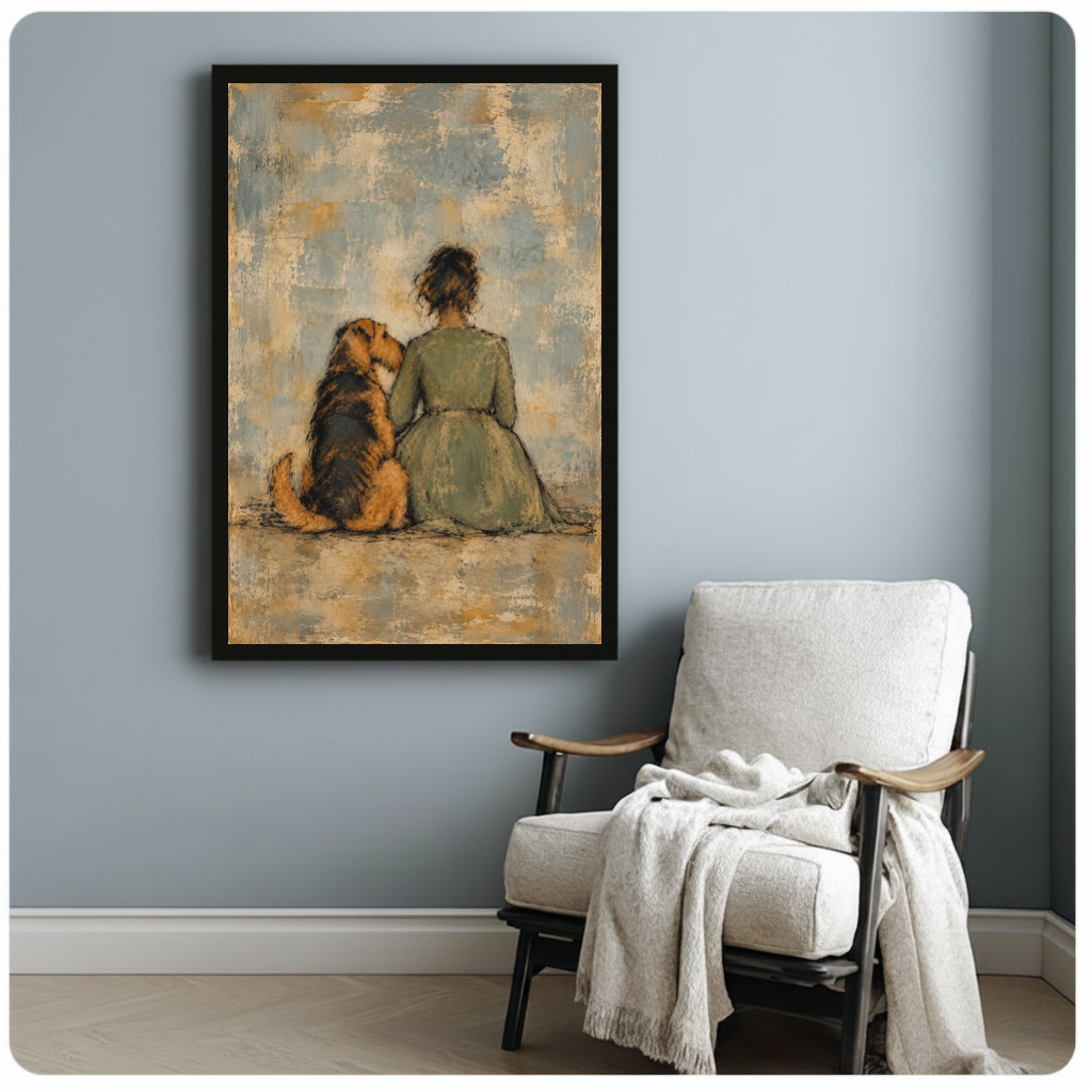 Framed seated woman and dog canvas beside a pale reading chair on a blue gray wall.