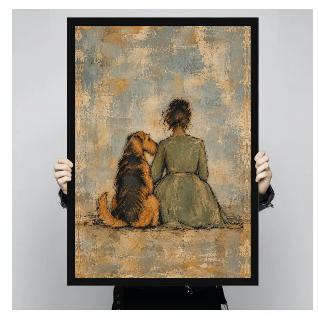 Framed seated woman and dog canvas held by a person against a light neutral background.