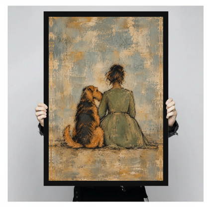 Framed seated woman and dog canvas held by a person against a light neutral background.