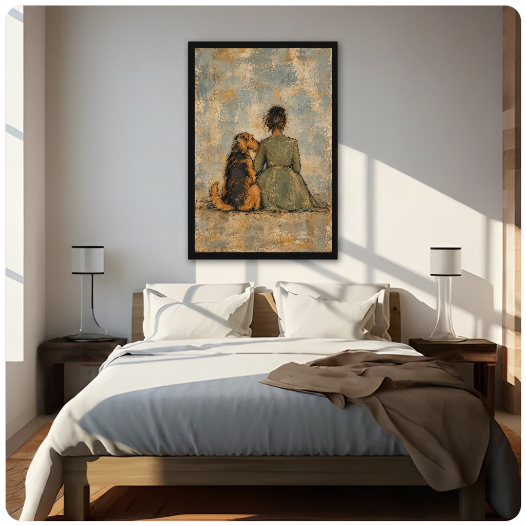 Framed seated woman and dog canvas above a neutral bed beside soft bedroom lighting and lamps.