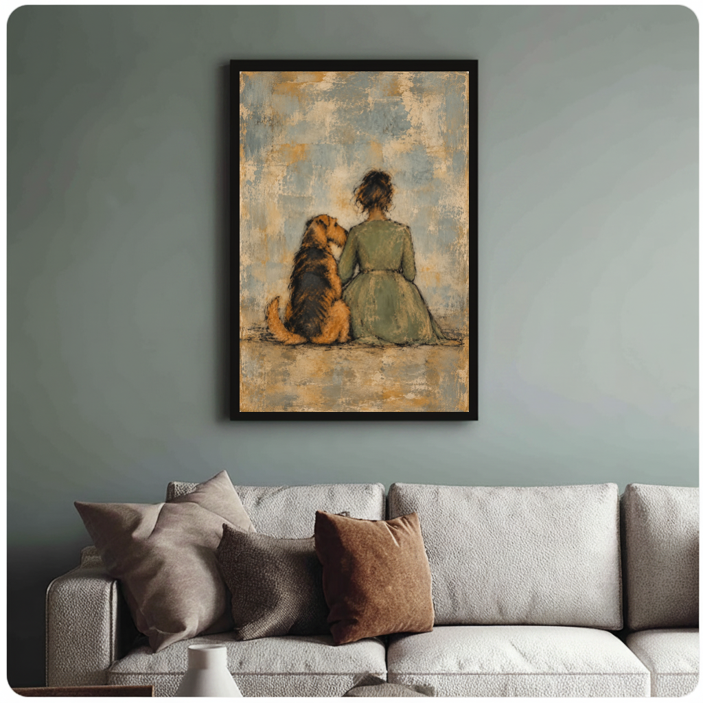 Framed seated woman and dog canvas above a neutral sofa with cushions against a muted wall.