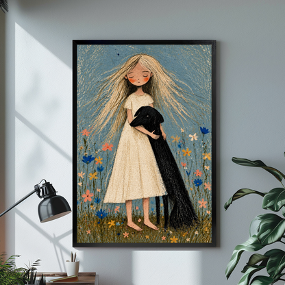 Black framed girl hugging black dog canvas on a pale wall above a desk and plant.