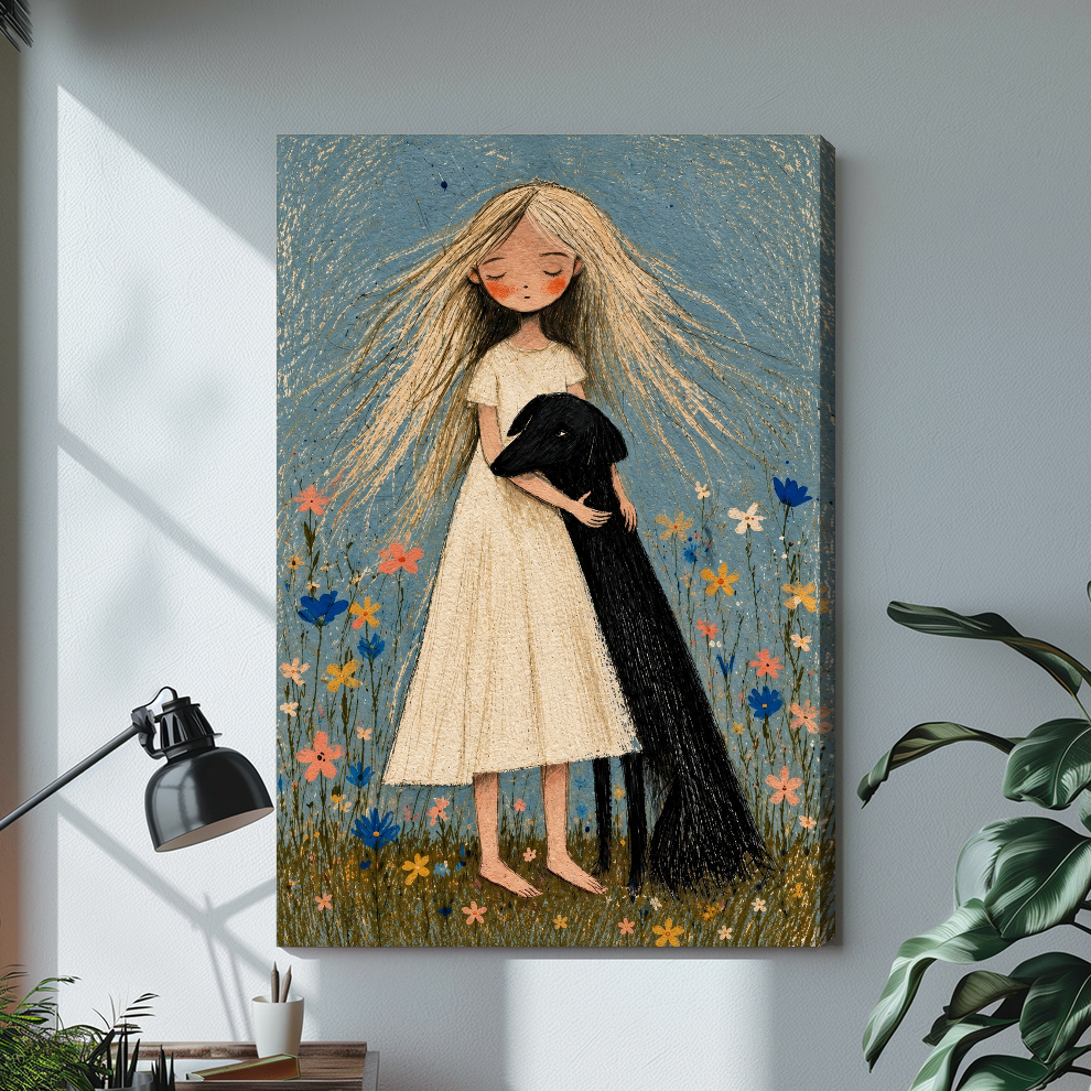 Stretched girl hugging black dog canvas with a shaded wrapped edge in the selected room setting.