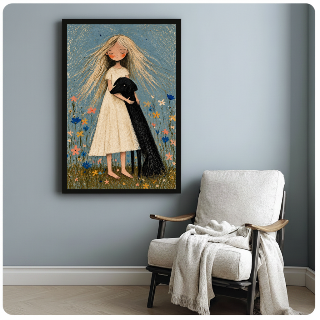 Framed girl hugging black dog canvas beside a pale reading chair on a blue gray wall.