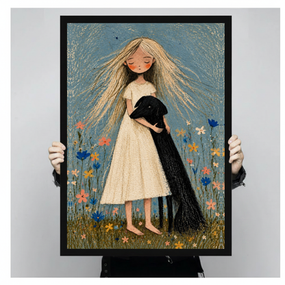 Framed girl hugging black dog canvas held by a person against a light neutral background.