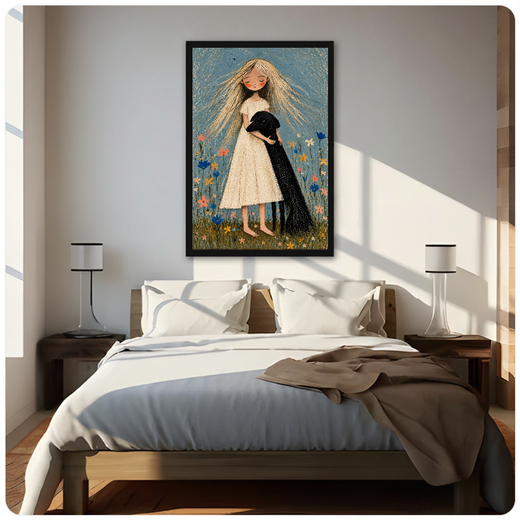 Framed girl hugging black dog canvas above a neutral bed beside soft bedroom lighting and lamps.