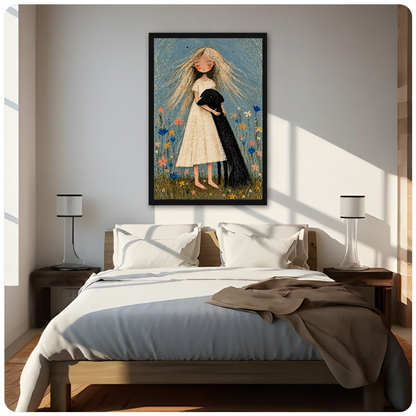 Framed girl hugging black dog canvas above a neutral bed beside soft bedroom lighting and lamps.