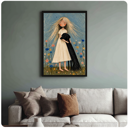 Framed girl hugging black dog canvas above a neutral sofa with cushions against a muted wall.