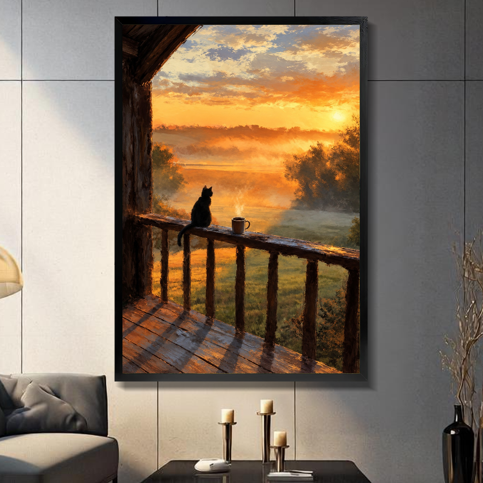 Black framed balcony cat morning coffee canvas on a dark paneled wall beside warm candles.
