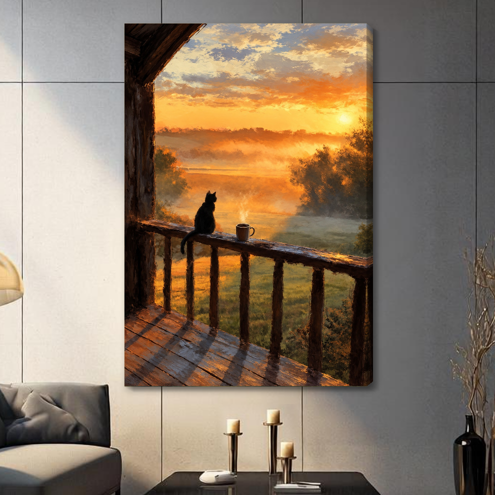 Stretched balcony cat morning coffee canvas with a shaded wrapped edge in the selected room setting.