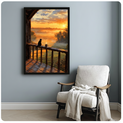 Framed balcony cat morning coffee canvas beside a pale reading chair on a blue gray wall.