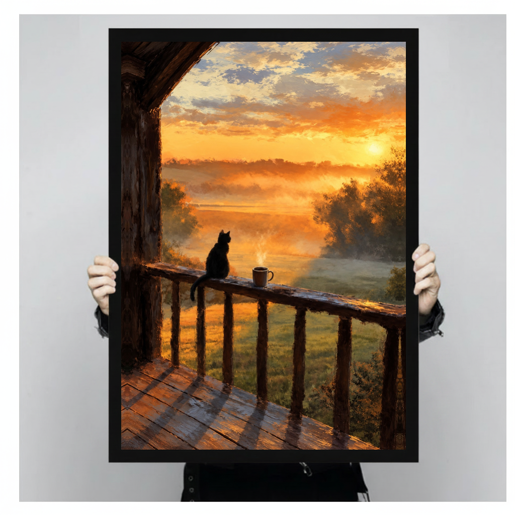 Framed balcony cat morning coffee canvas held by a person against a light neutral background.