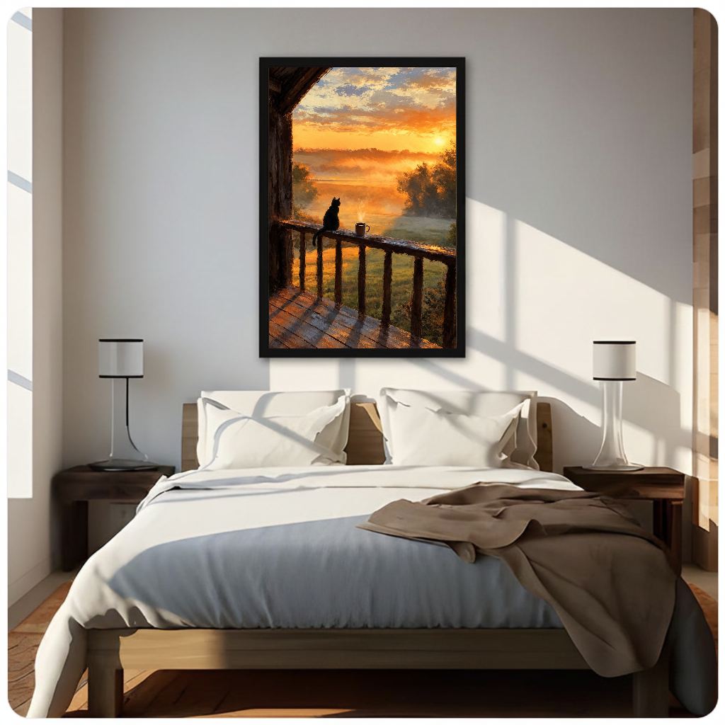 Framed balcony cat morning coffee canvas above a neutral bed beside soft bedroom lighting and lamps.