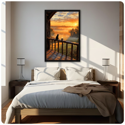 Framed balcony cat morning coffee canvas above a neutral bed beside soft bedroom lighting and lamps.