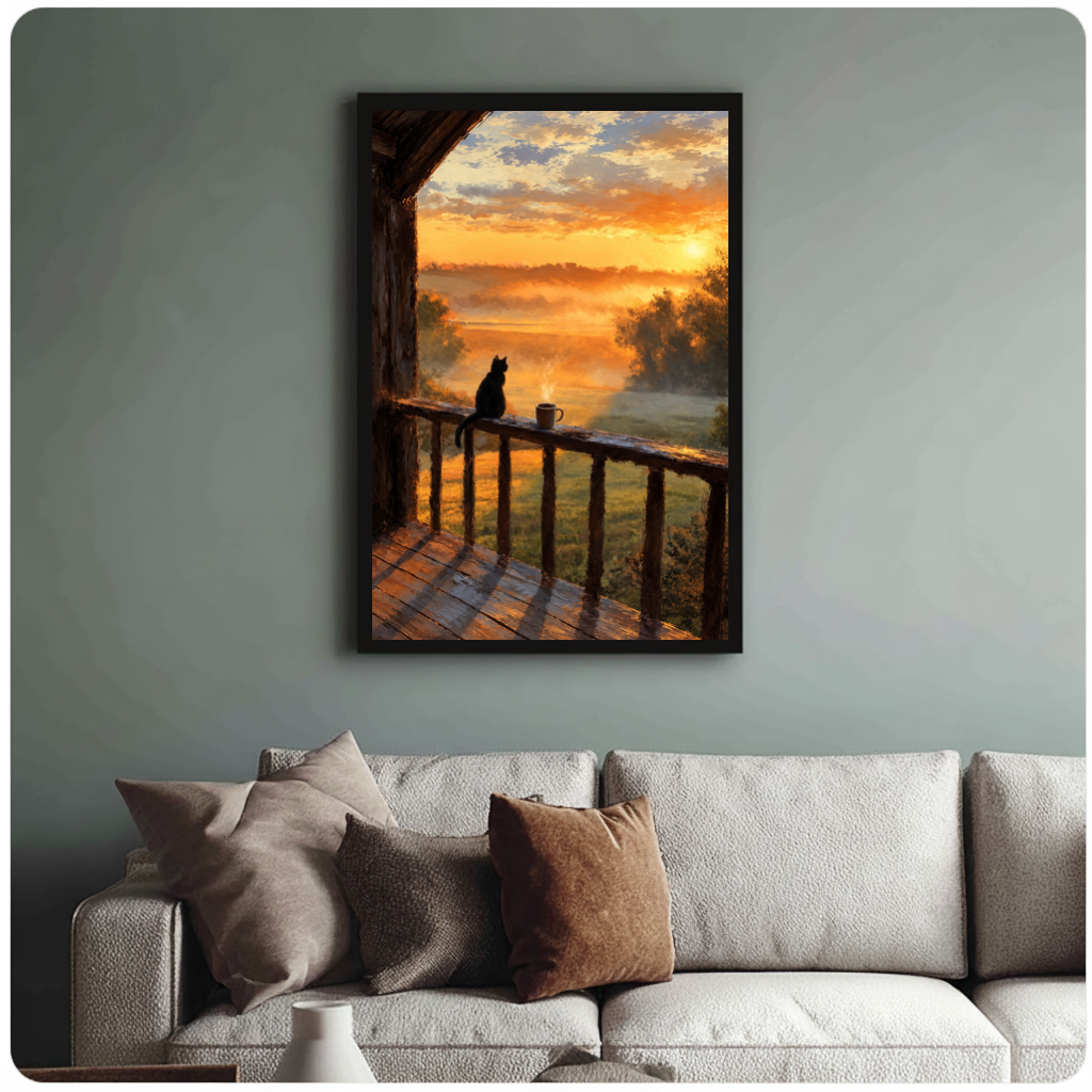 Framed balcony cat morning coffee canvas above a neutral sofa with cushions against a muted wall.