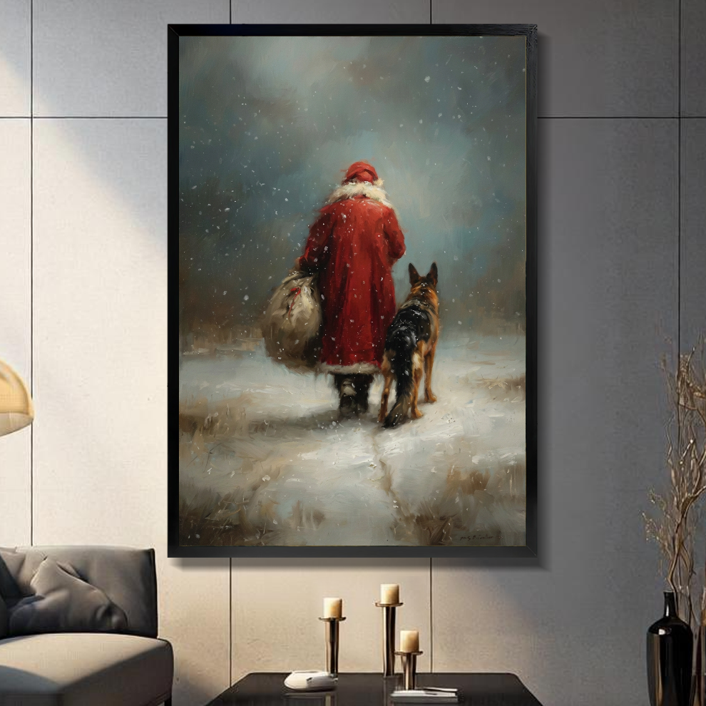 Black framed santa and shepherd walk canvas on a dark paneled wall beside warm candles.