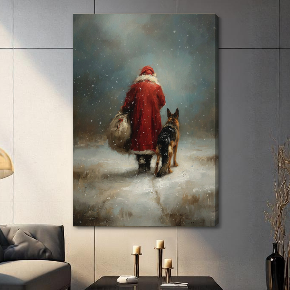 Stretched santa and shepherd walk canvas with a shaded wrapped edge in the selected room setting.