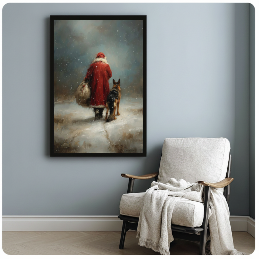 Framed santa and shepherd walk canvas beside a pale reading chair on a blue gray wall.