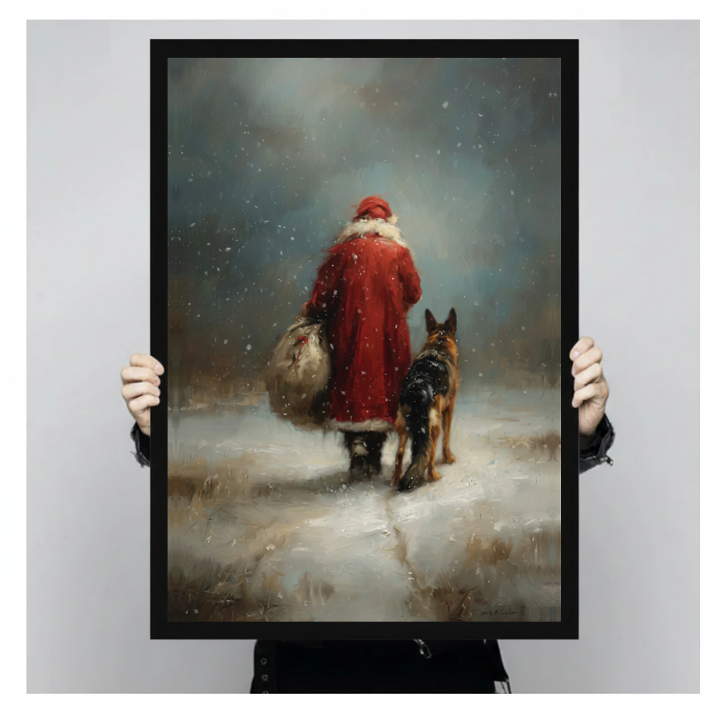 Framed santa and shepherd walk canvas held by a person against a light neutral background.