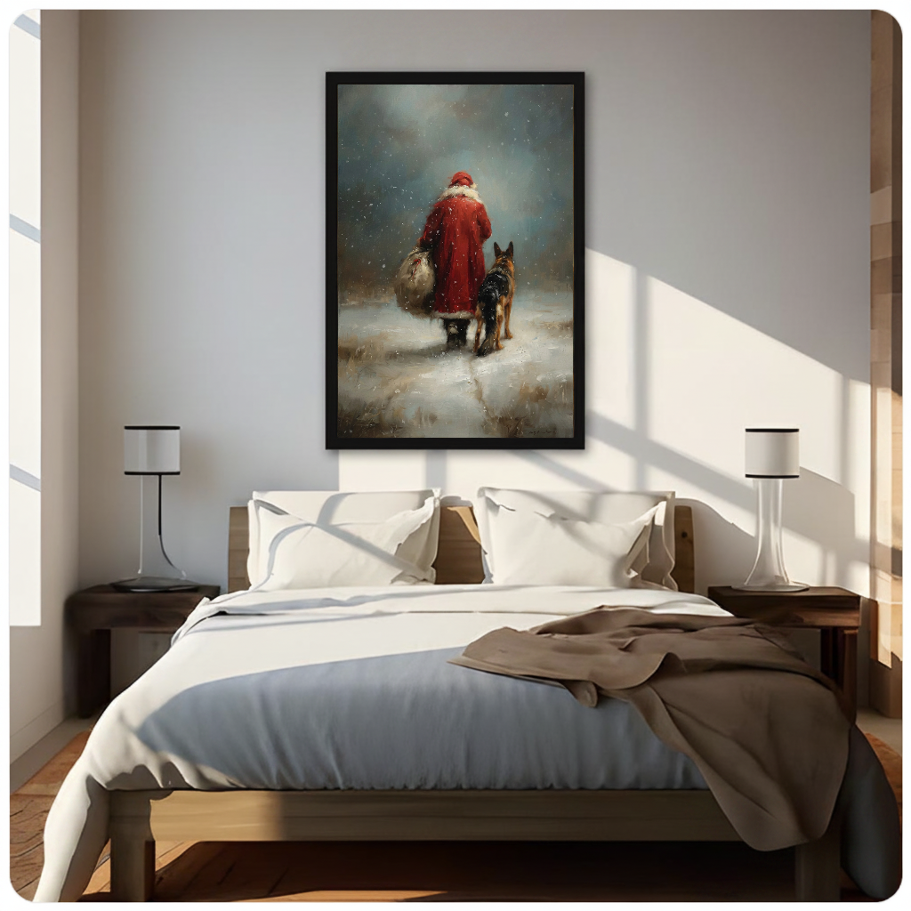 Framed santa and shepherd walk canvas above a neutral bed beside soft bedroom lighting and lamps.