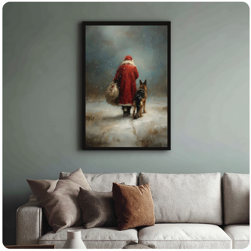 Framed santa and shepherd walk canvas above a neutral sofa with cushions against a muted wall.