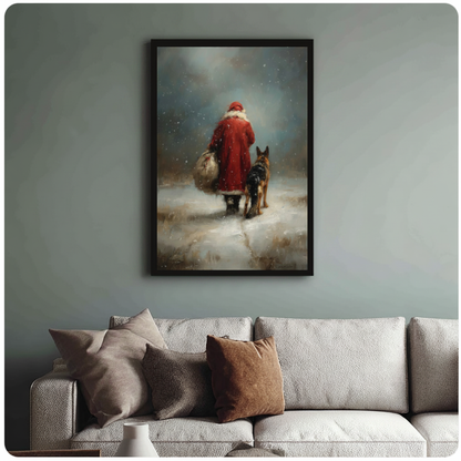 Framed santa and shepherd walk canvas above a neutral sofa with cushions against a muted wall.