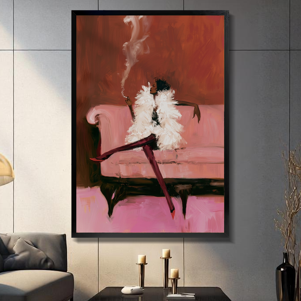 Black framed elegant feather coat woman canvas on a dark paneled wall beside warm candles.
