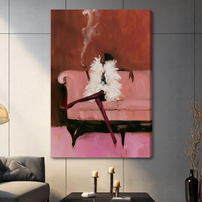 Stretched elegant feather coat woman canvas with a shaded wrapped edge in the selected room setting.