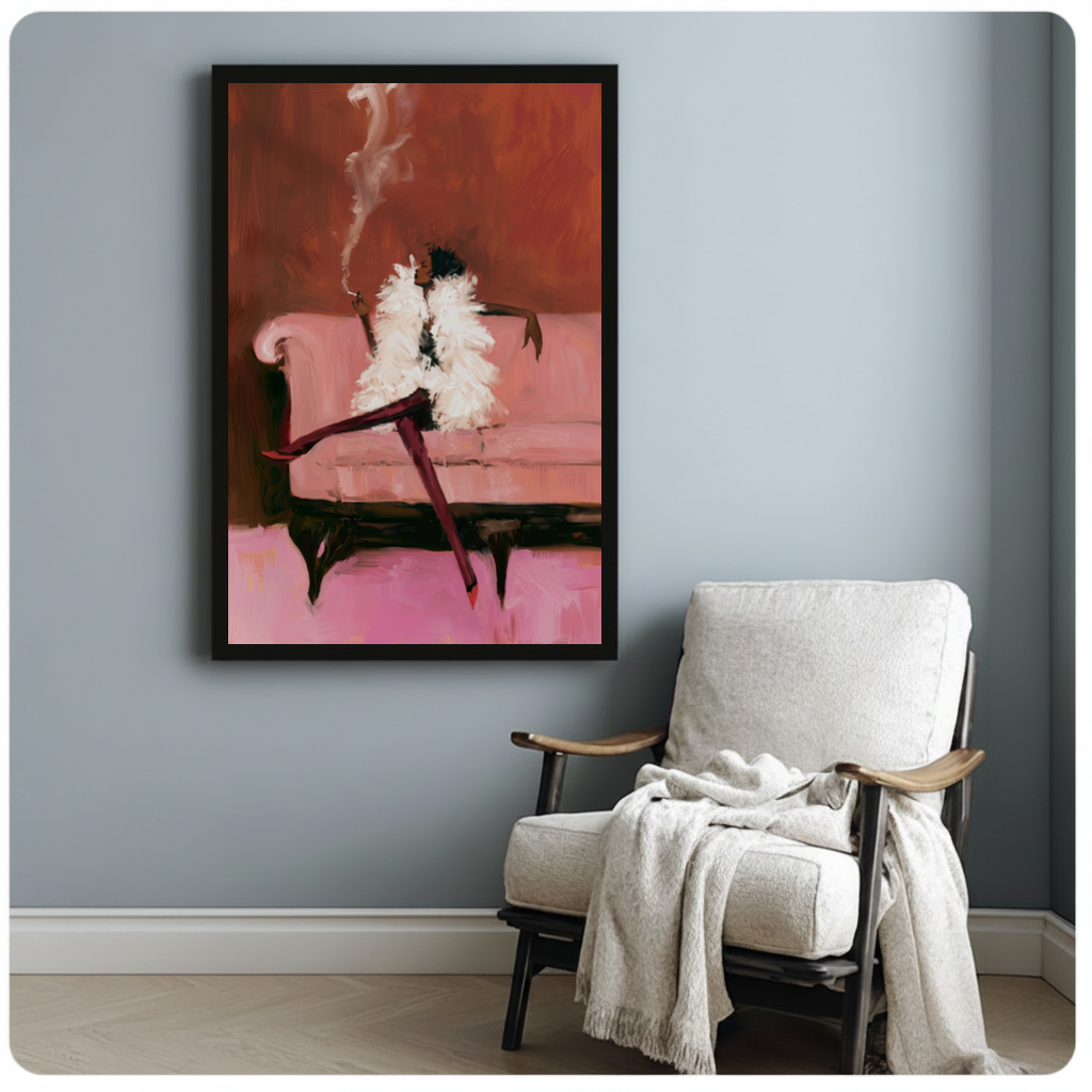 Framed elegant feather coat woman canvas beside a pale reading chair on a blue gray wall.