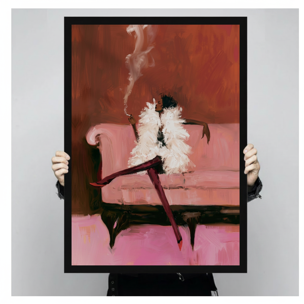 Framed elegant feather coat woman canvas held by a person against a light neutral background.