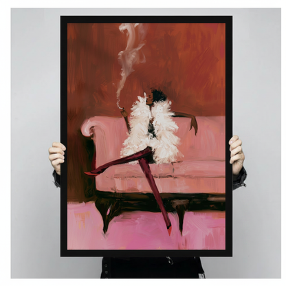 Framed elegant feather coat woman canvas held by a person against a light neutral background.