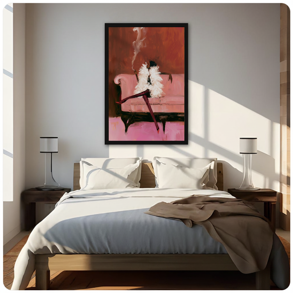 Framed elegant feather coat woman canvas above a neutral bed beside soft bedroom lighting and lamps.