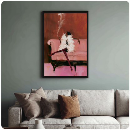 Framed elegant feather coat woman canvas above a neutral sofa with cushions against a muted wall.