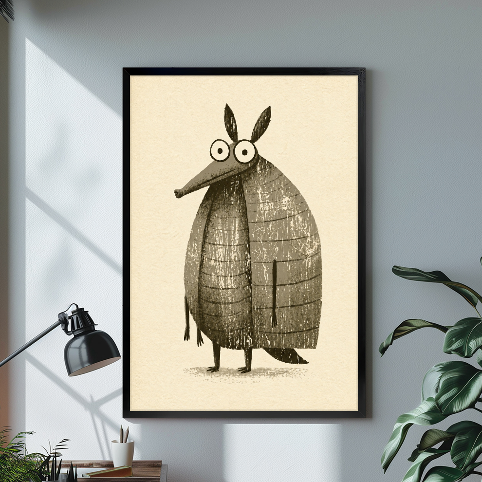 Black framed funny little armadillo canvas on a pale wall above a desk and plant.
