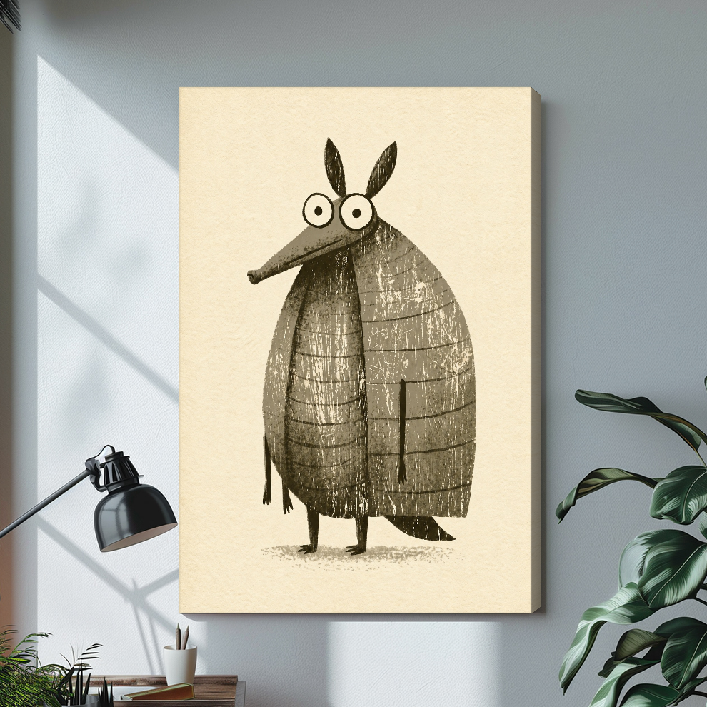 Stretched funny little armadillo canvas with a shaded wrapped edge in the selected room setting.