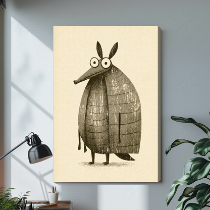 Stretched funny little armadillo canvas with a shaded wrapped edge in the selected room setting.