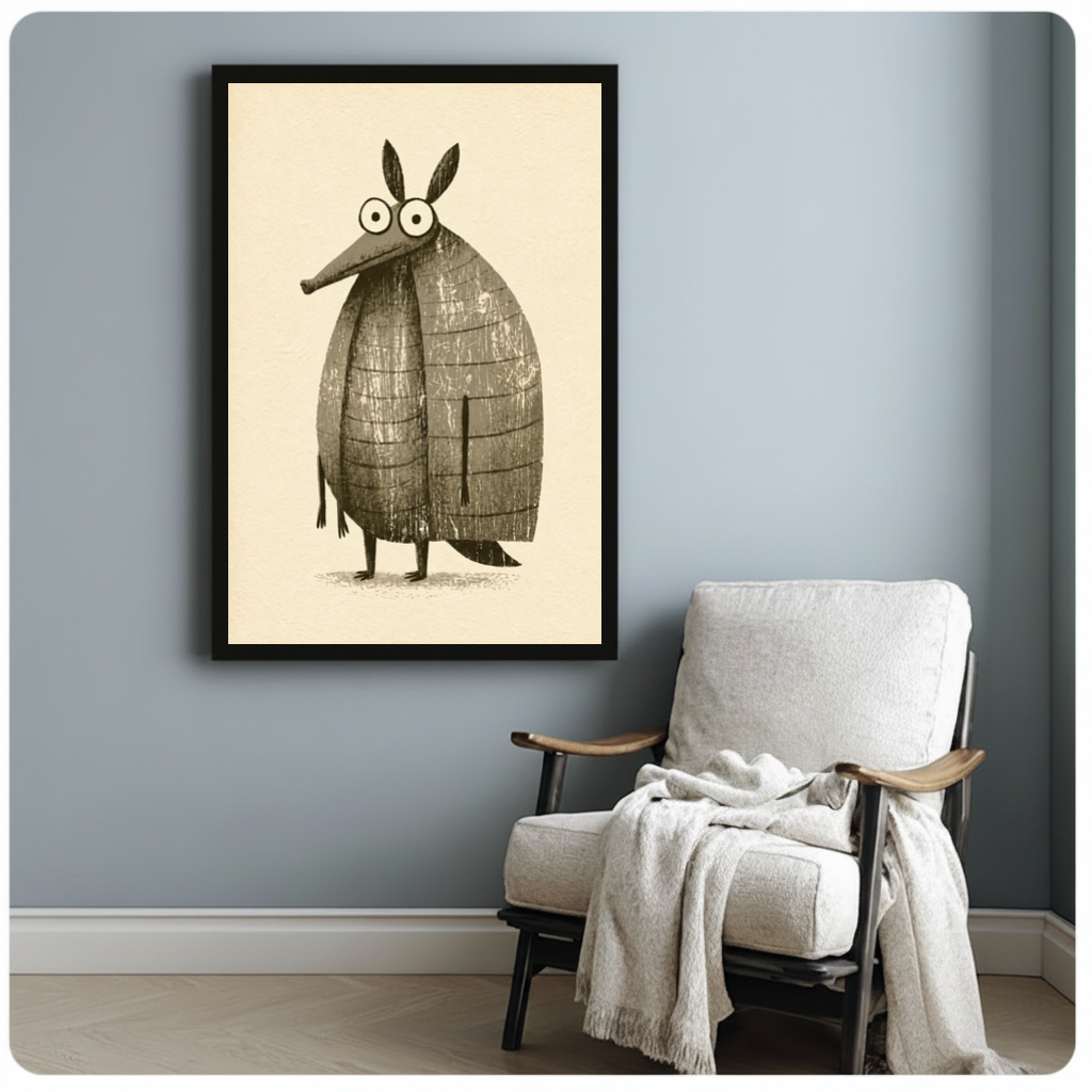 Framed funny little armadillo canvas beside a pale reading chair on a blue gray wall.
