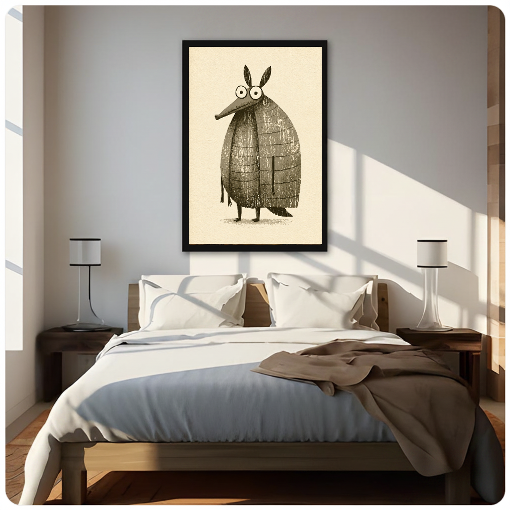 Framed funny little armadillo canvas above a neutral bed beside soft bedroom lighting and lamps.